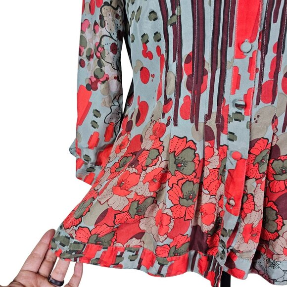 Johnny Was Floral Silk Blouse S Red Multi 3/4 Sleeves Pleated Peplum Flowy Boho - Picture 3 of 10